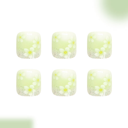 Spring Blossom Short Square Green Floral Press-On Toenail Set with Sparkling Accent