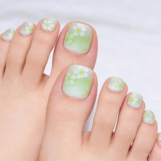 Serene Garden Short Square Green Ombre Floral Press On Toenail Set