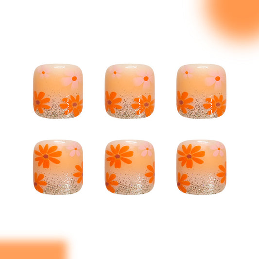 Vintage Floral Short Square Orange Ombre with Glitter Accent Press-On Toenail Set