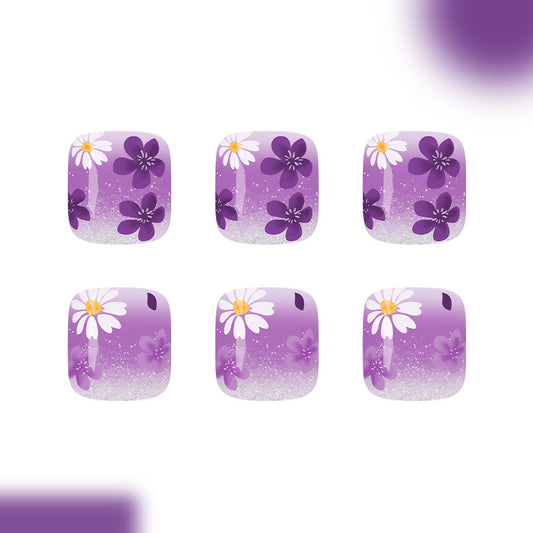 Whimsical Floral Delight Short Square Purple Gradient Sparkle Press-On Toenail Set