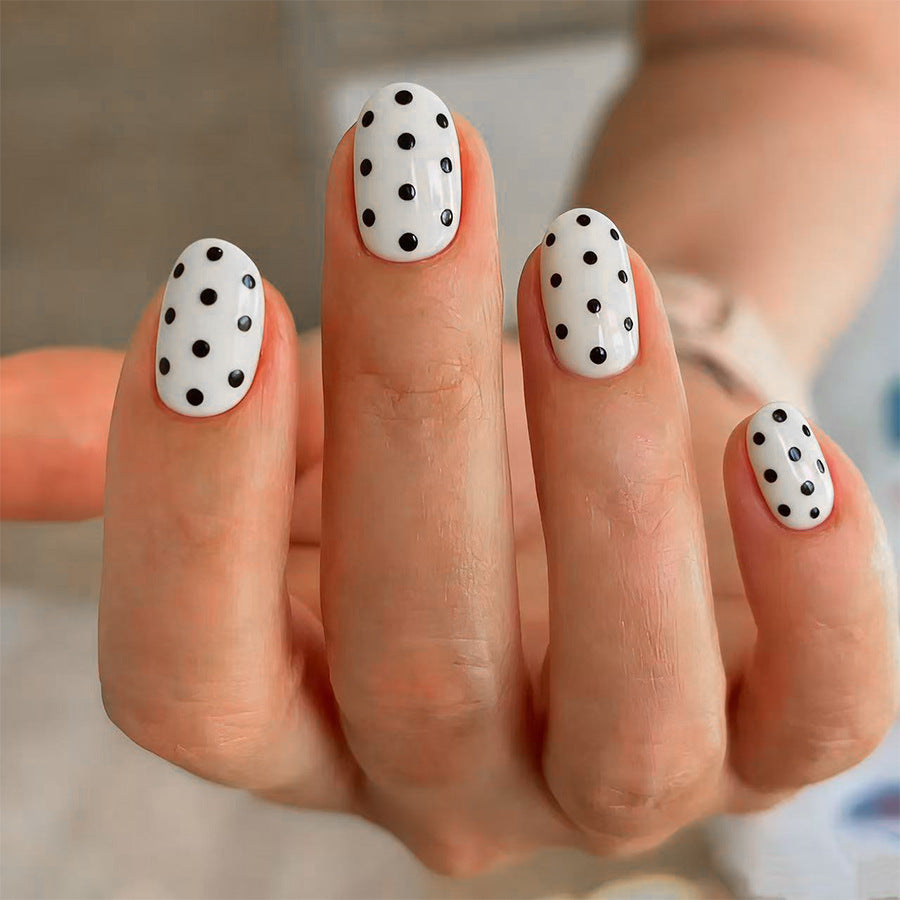 Polka Dot Chic Short Oval White with Black Dots Press on Nail Set
