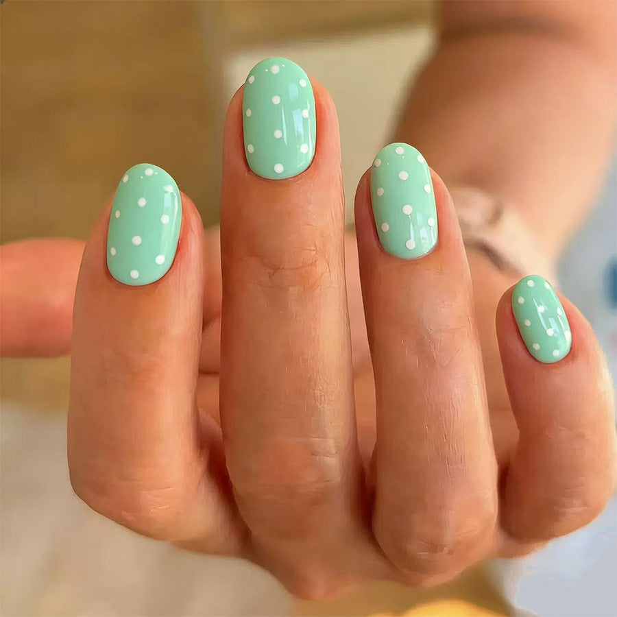 Minty Fresh Short Oval Press on Nail Set with Whimsical Polka Dots