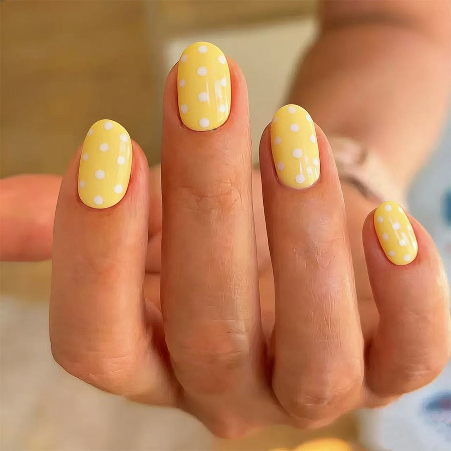 Sunny Delight Short Oval Yellow with Whimsical Polka Dots Press On Nail Set