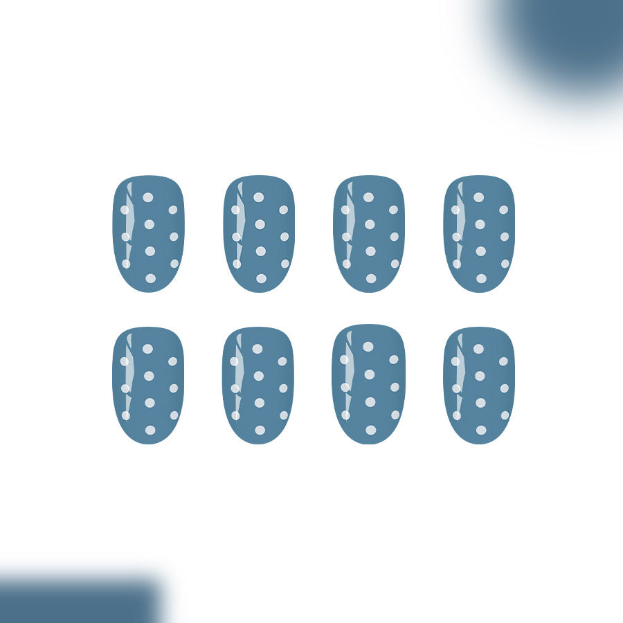 Whimsical Blue Short Round Press on Nail Set with Charming White Polka Dots