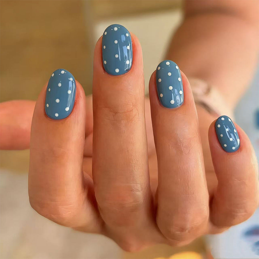 Whimsical Blue Oval Short Press On Nail Set with Charming Polka Dots
