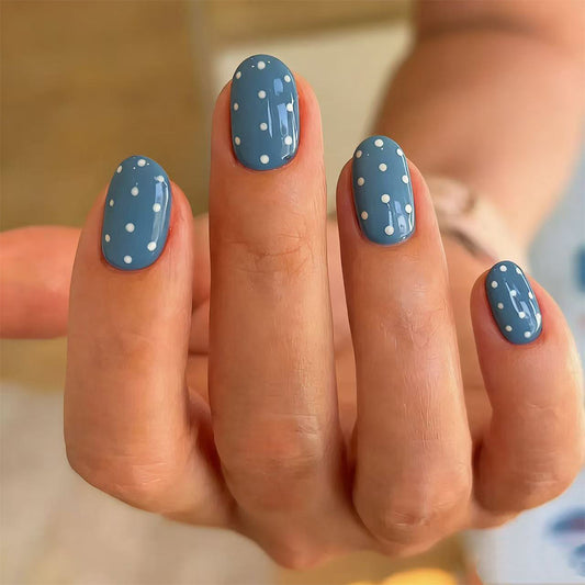 Whimsical Blue Oval Short Press On Nail Set with Charming Polka Dots
