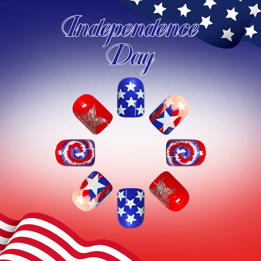 Celebration of Freedom Short Square Red and Blue Stars with Sparkle and Swirl Design Press-On Nail Set