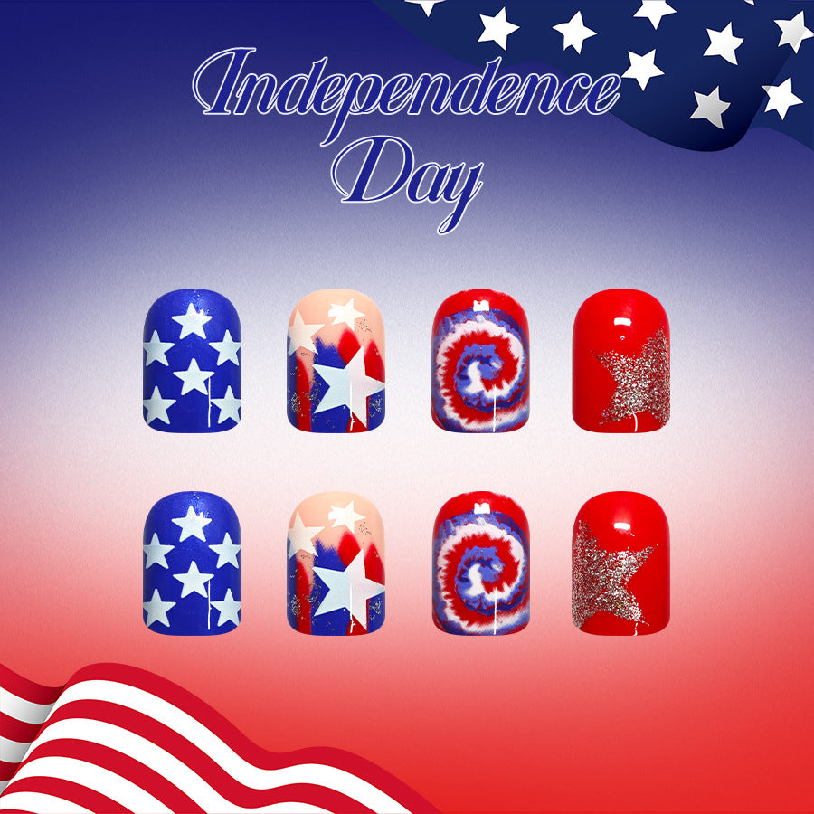 Festive Independence Day Short Square Red and Blue Glitter Star Pattern Press On Nail Set