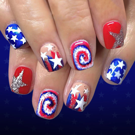 Patriotic Charm Short Square Red Blue and White Glitter Star Spiral Design Press on Nail Set