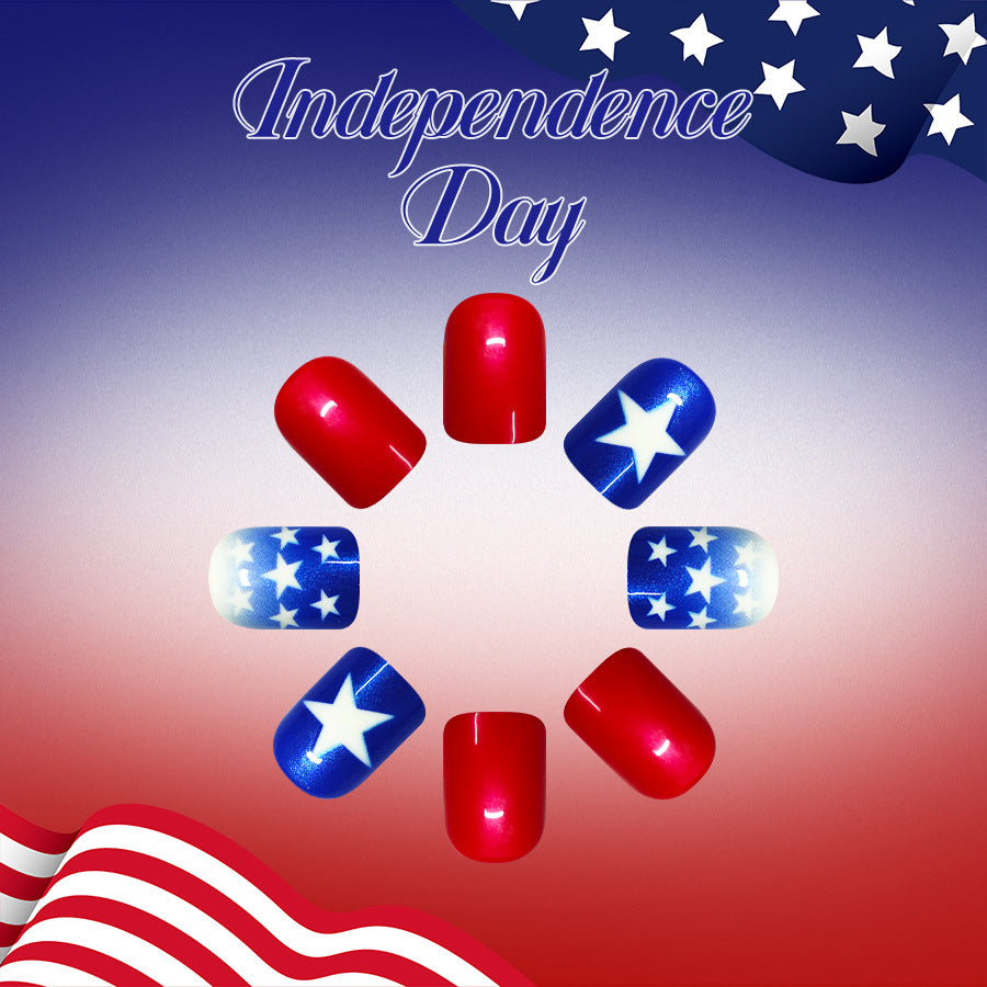 Independence Day Celebration Glossy Short Square Red and Blue Star Pattern Press-On Nail Set