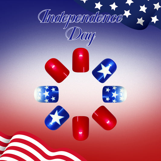 Independence Day Celebration Glossy Short Square Red and Blue Star Pattern Press-On Nail Set