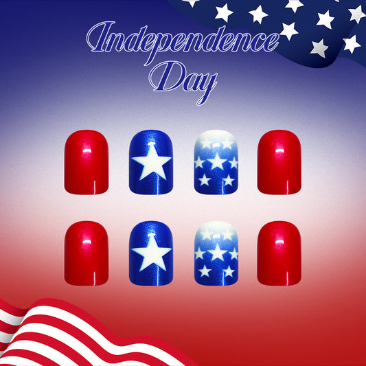Patriotic Spirit Red and Blue Short Square Press-On Nail Set with Starry Design