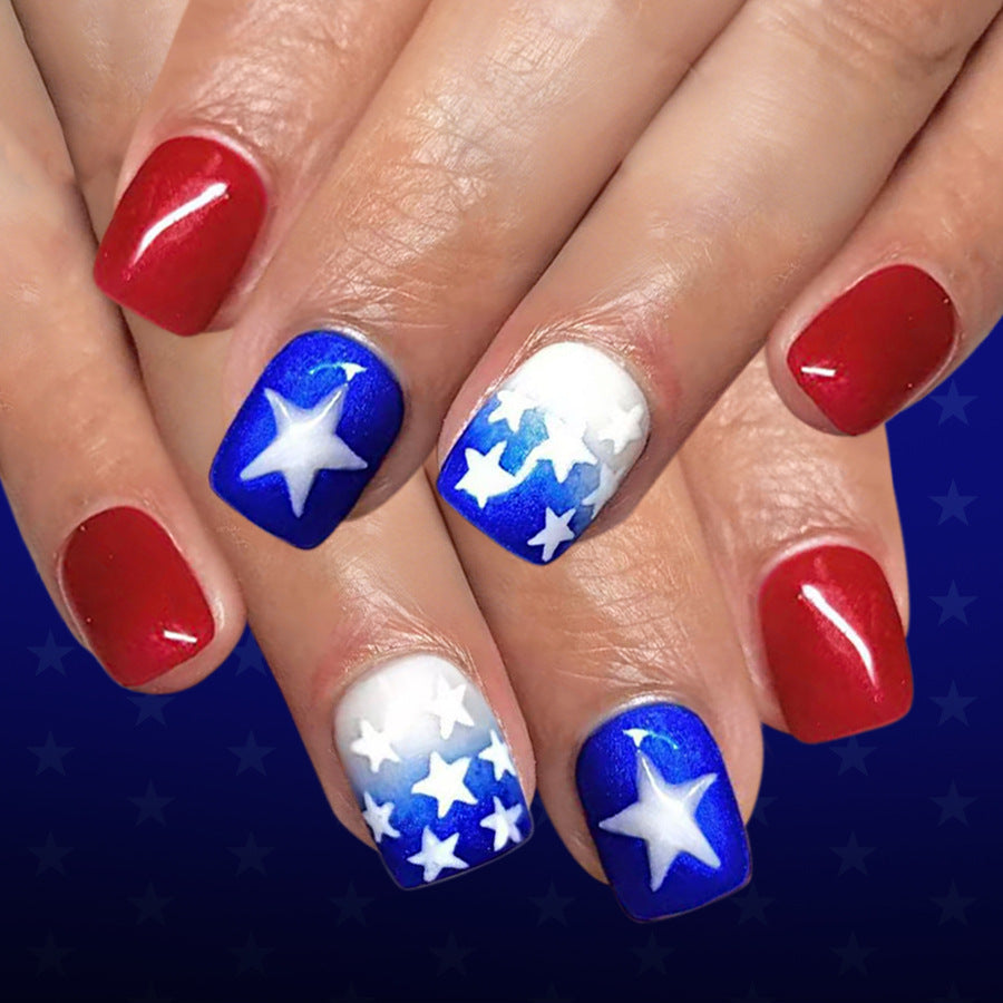 Patriotic Celebration Short Square Red and Blue Gradient Nails with Star Accents