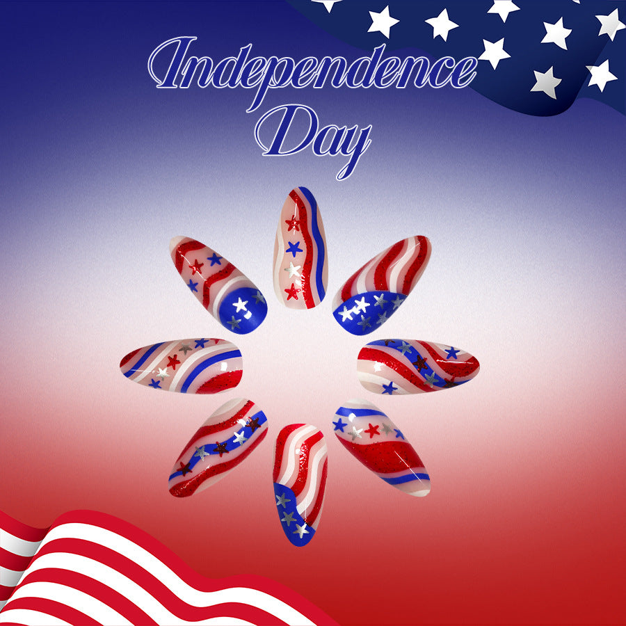 Patriotic Celebration Extra Long Almond Shaped Red White and Blue Glimmering Star Press On Nail Set