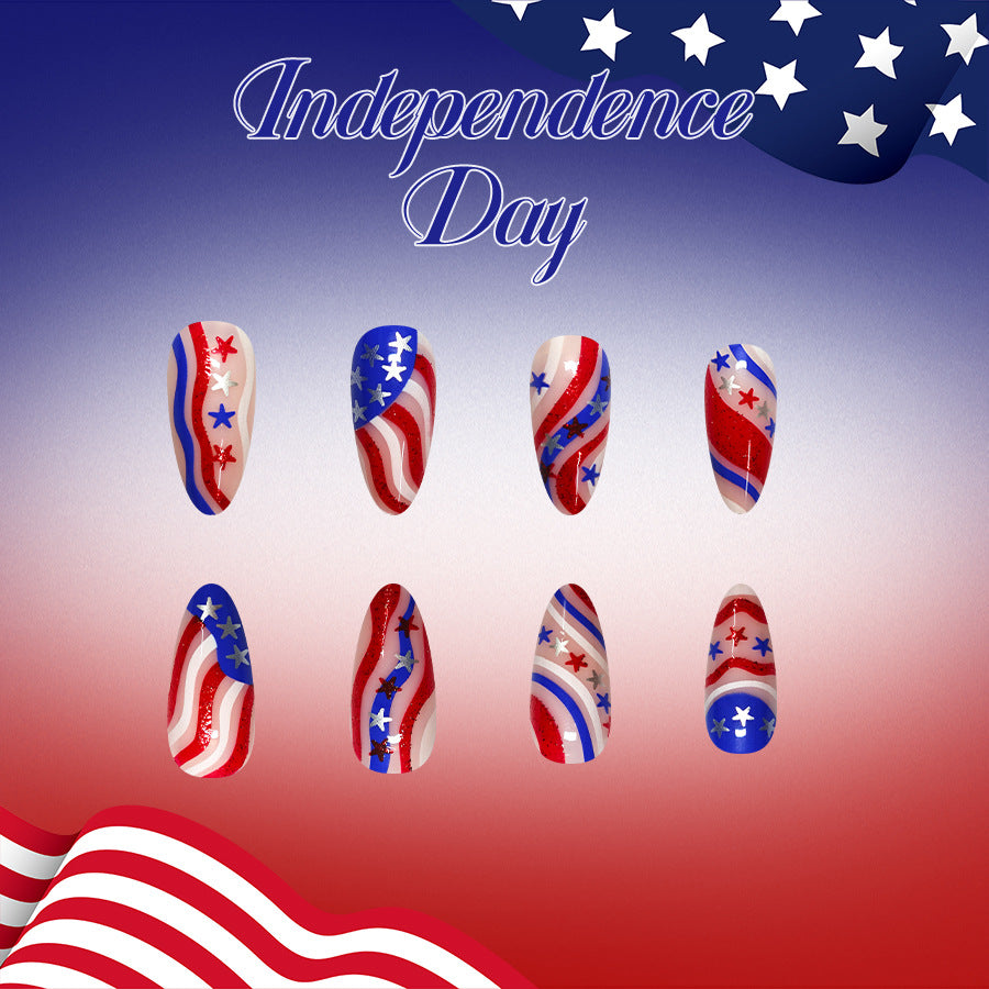 Independence Day Vibrant Long Almond Red Blue and White Flag Design Press on Nail Set