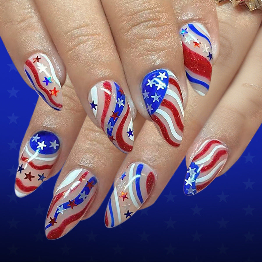 Patriotic Glamour Long Almond Red White and Blue Glittery Star Design Press-On Nail Set