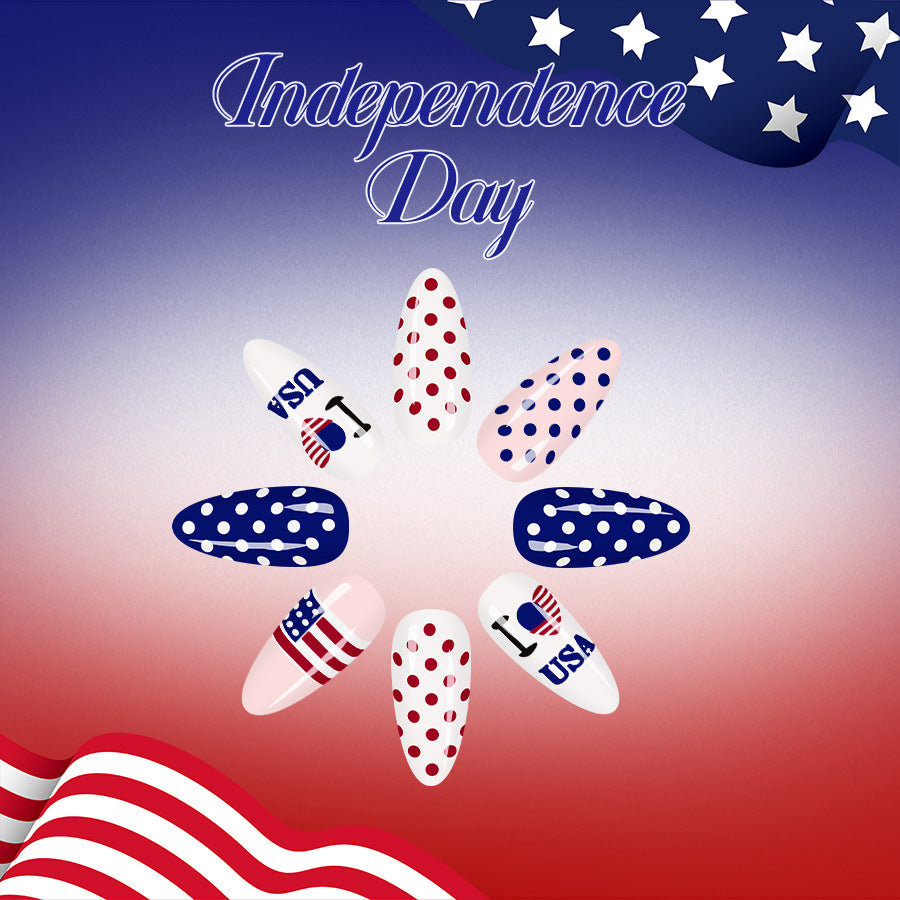 Independence Day Festive Long Almond Shaped Red White and Blue Polka Dot Press On Nail Set with Patriotic Designs