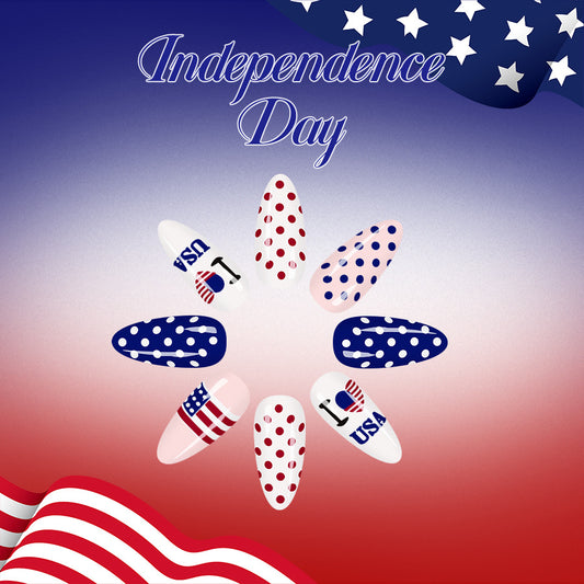 Independence Day Festive Long Almond Shaped Red White and Blue Polka Dot Press On Nail Set with Patriotic Designs