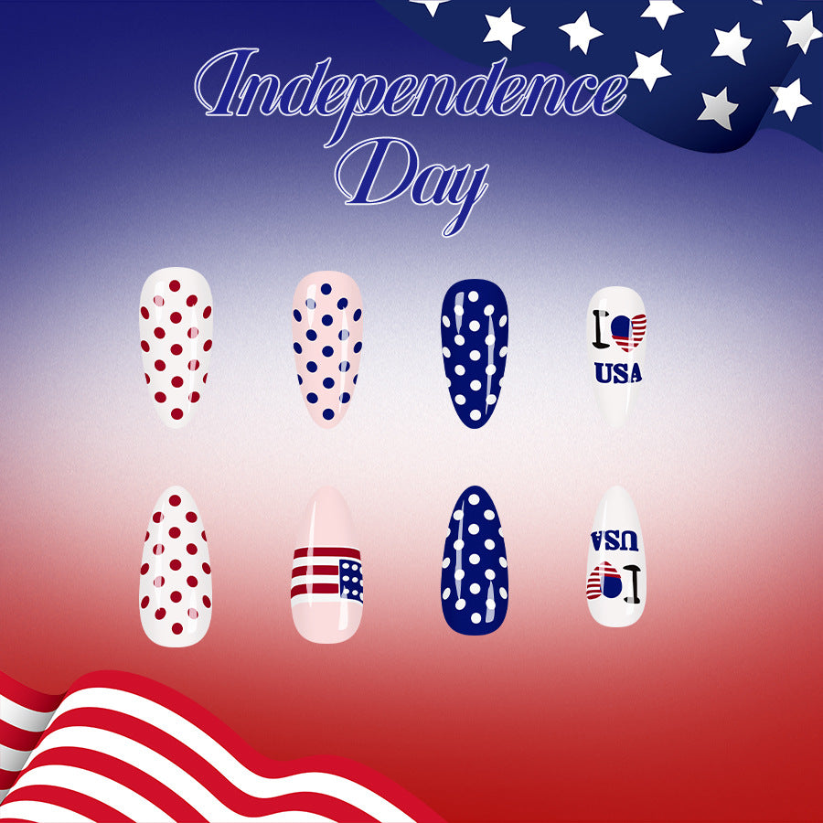Stars and Stripes Independence Day Long Almond Blue and White Polka Dot Design with Bold USA Emblem Press-On Nail Set
