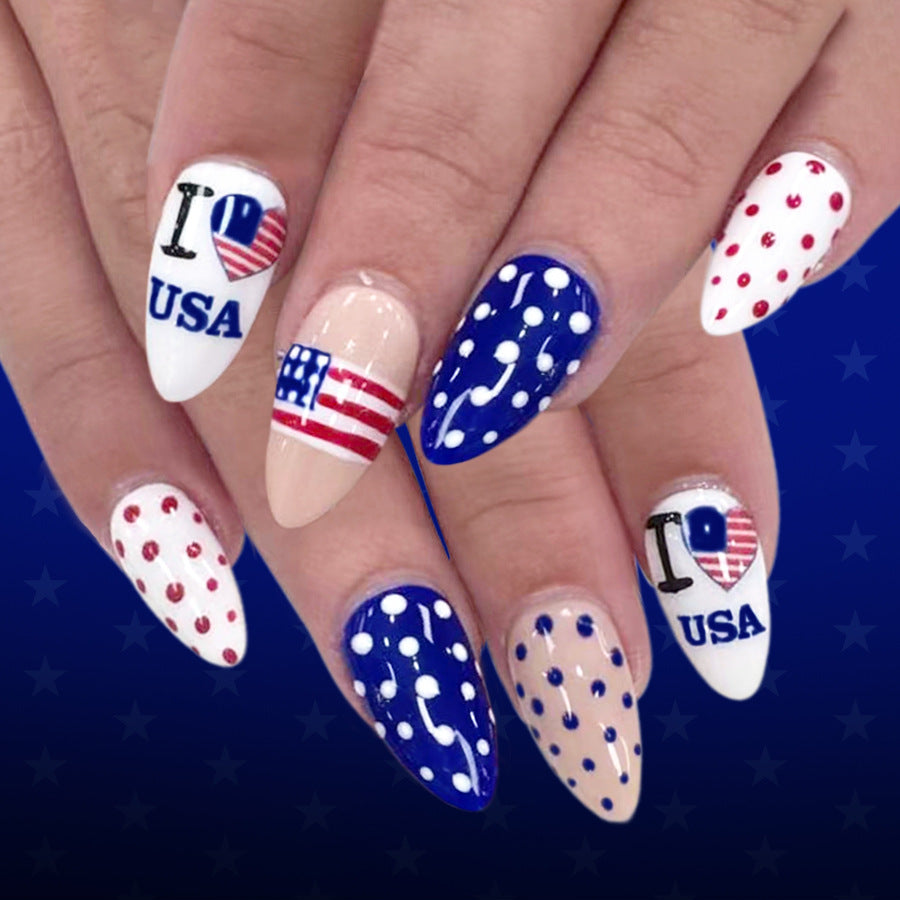 Patriotic Dreamy Long Almond White Red Blue Polka Dot and Flag Themed Press On Nail Set