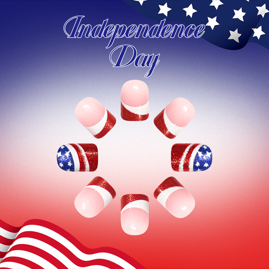 Patriotic Spirit Nail Set Short Square Red White and Blue with Glittering Star Design