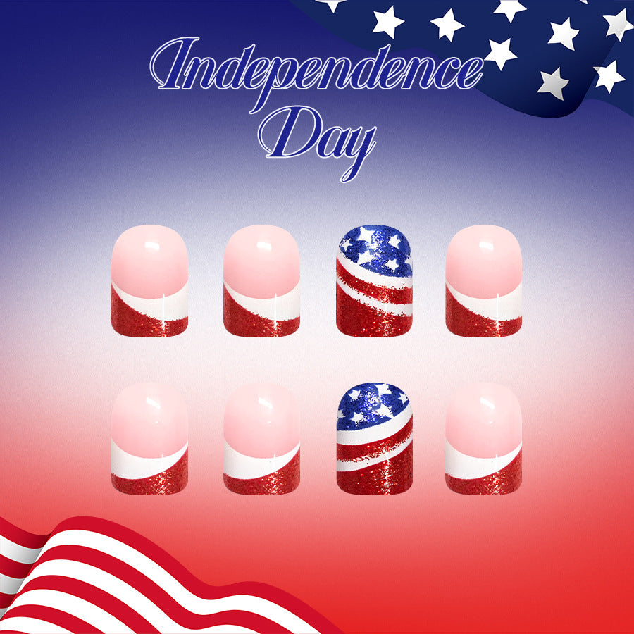 Patriotic Glamour Short Square Red and Blue Glitter with Striped Accent Press On Nail Set