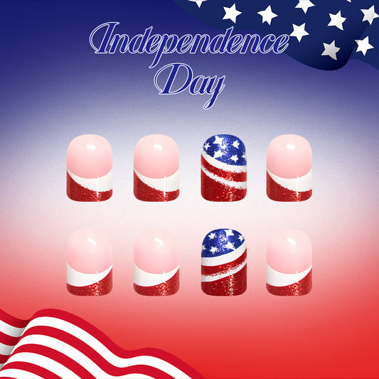 Patriotic Glamour Short Square Red and Blue Glitter with Striped Accent Press On Nail Set