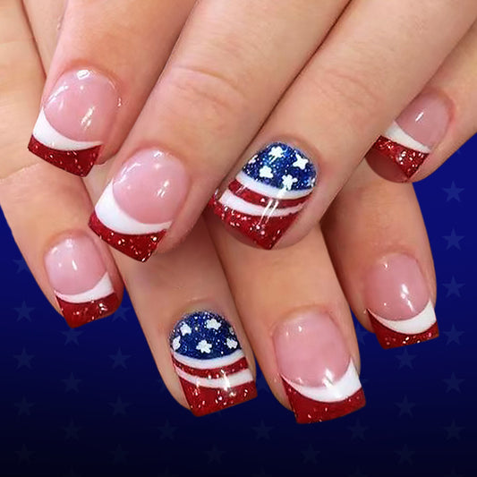 Patriotic Celebration Short Square Red and Blue Glittery Nail Set