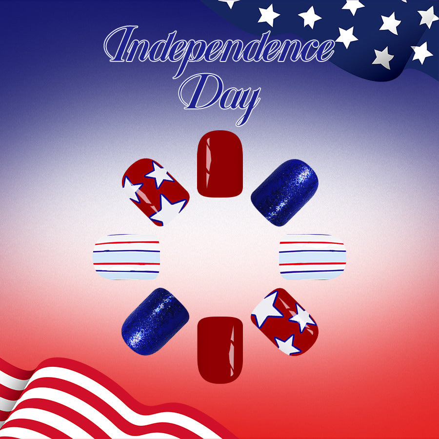 Festive Independence Day Short Square Red and Blue Starry Nail Set with Striped Accents