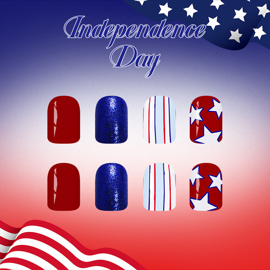Independence Day Festive Short Square Red and Blue Glitter and Star Design Press-On Nail Set
