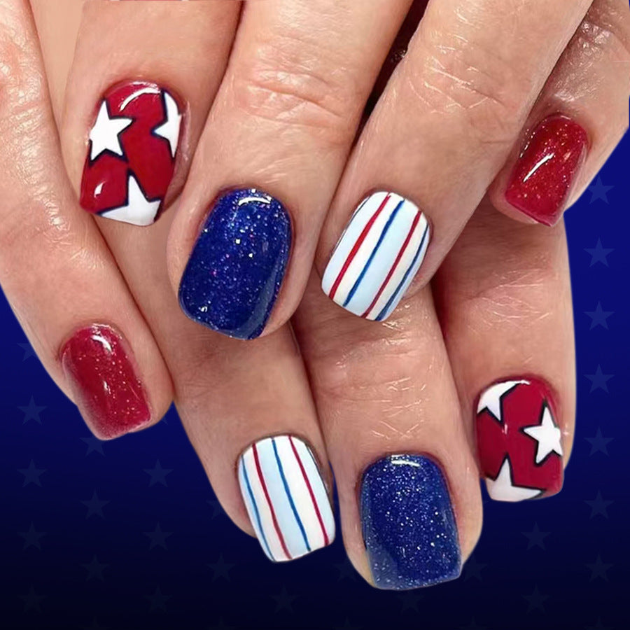 Patriotic Party Short Square Red Blue and White Sparkle Star Design Press On Nail Set