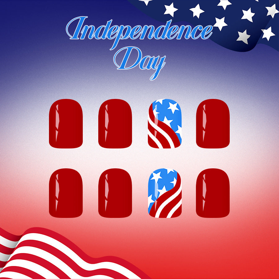 Independence Day Festive Short Square Red Nail Set with Star Spangled Design