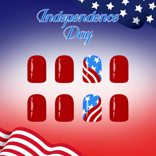 Independence Day Festive Short Square Red Nail Set with Star Spangled Design