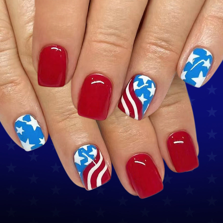 Patriotic Celebration Short Square Red Blue and White Star Design Press On Nail Set