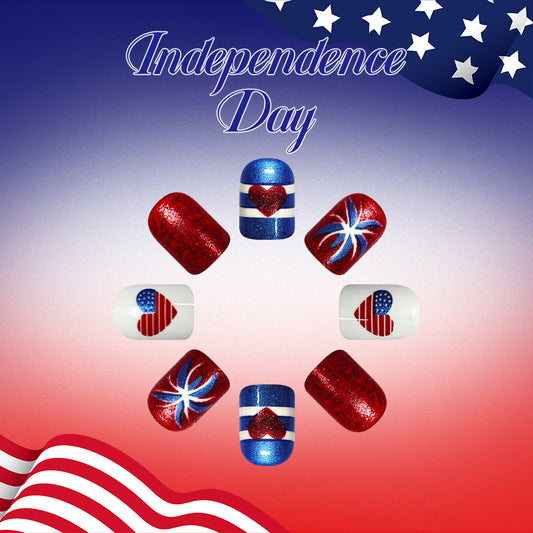 Independence Day Red and Blue Glitter Short Square Nail Set with Star and Heart Patterns
