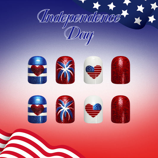 Festive Independence Day Short Square Glittery Red and Blue Heart Theme Press-On Nail Set