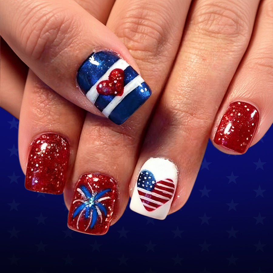 Patriotic Sparkle Short Square Press On Nail Set in Glittering Red Blue with Heart and Firework Designs