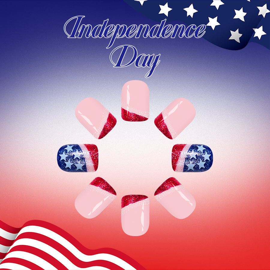 Independence Day Glittering Short Square Red and Blue Press On Nail Set with Starry Design