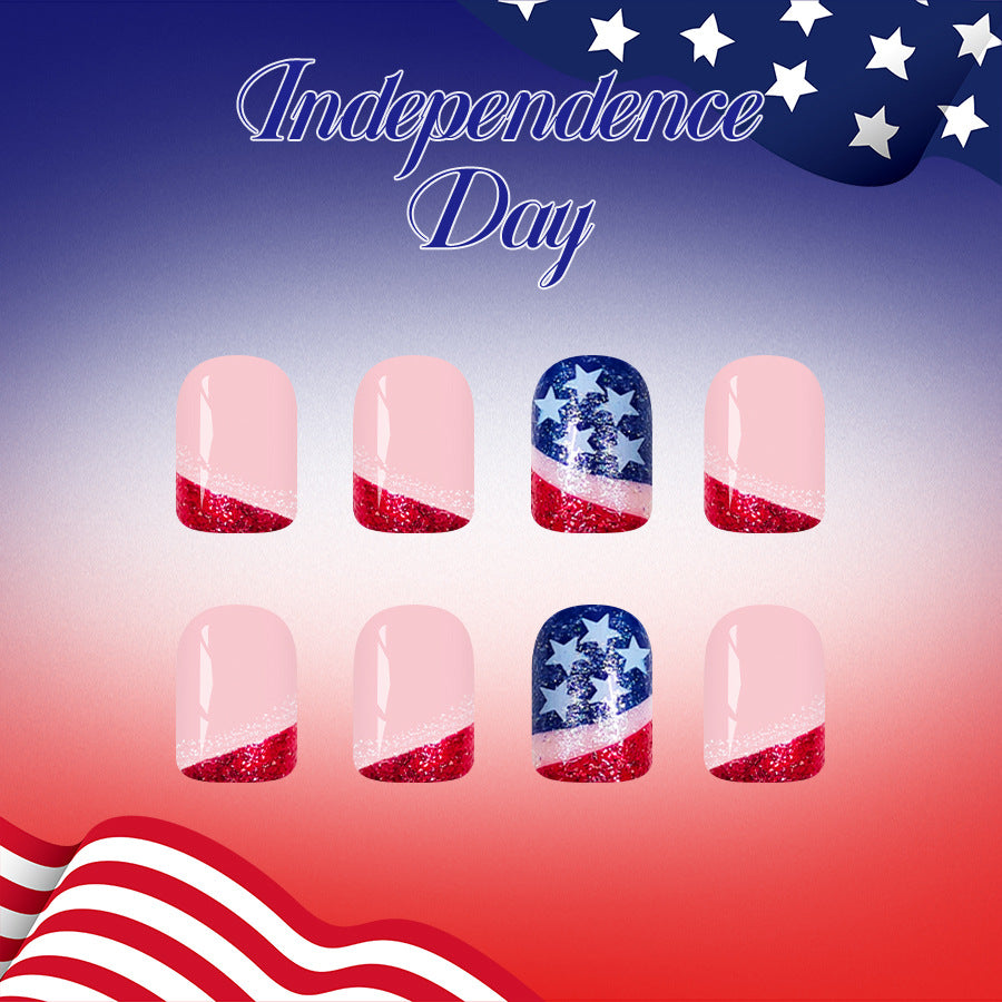 Independence Day Sparkling Short Square Pink and Red Glitter with Starry Accents Press on Nail Set