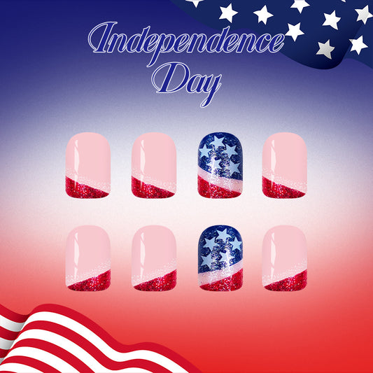 Independence Day Sparkling Short Square Pink and Red Glitter with Starry Accents Press on Nail Set