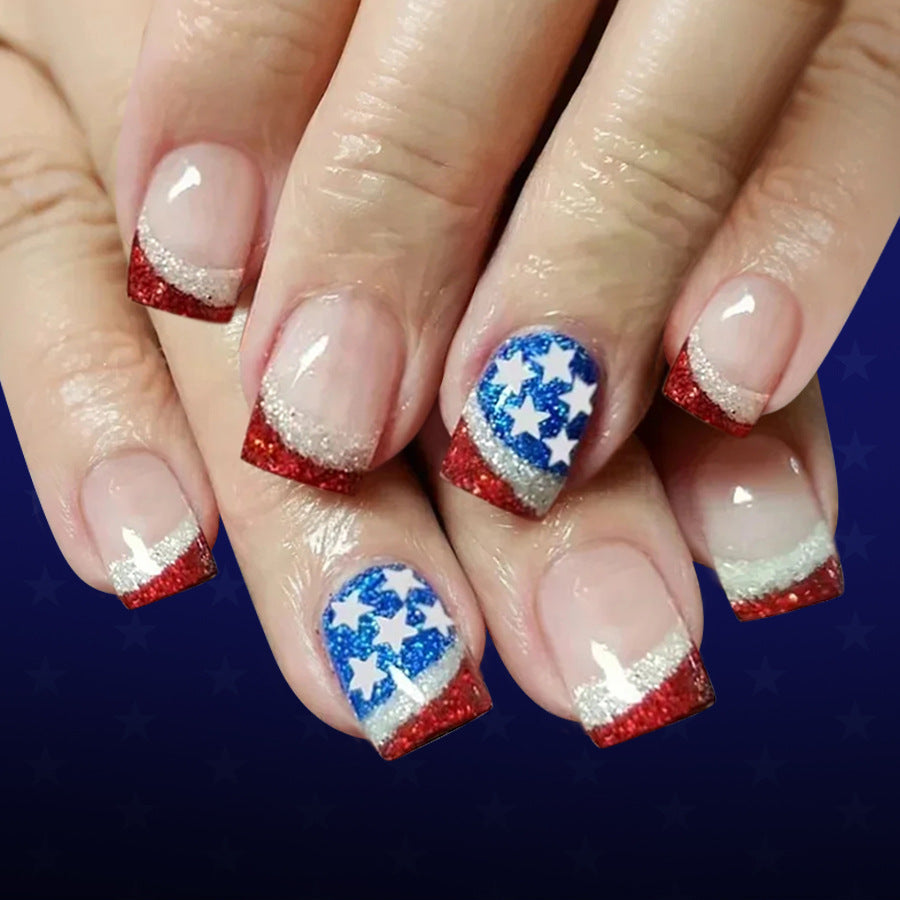 Star-spangled short square press-on nail set in vibrant red white and blue with eye-catching glitter accents