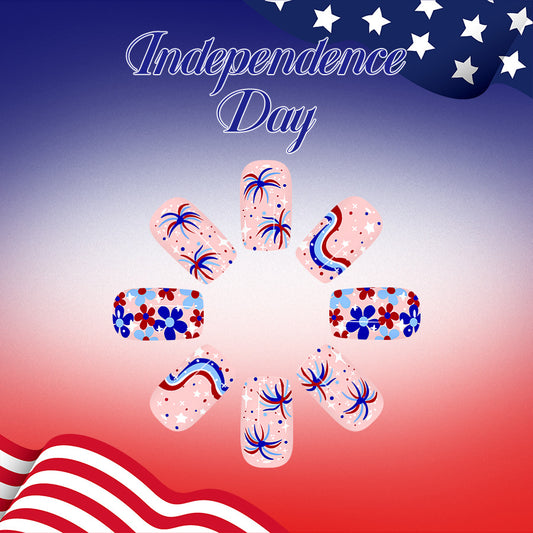 Festive Independence Day Medium Square Red and Blue Floral Design with Sparkling Stars Press On Nail Set