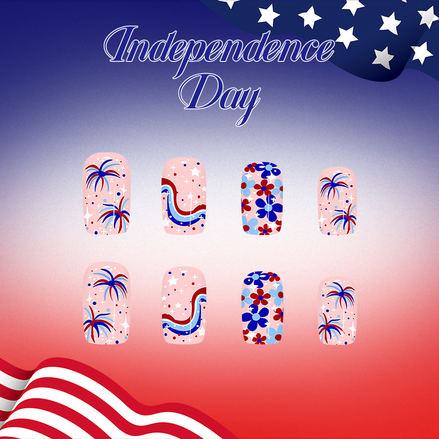 Independence Day Festive Medium Square Red and Blue Patterned Nail Set
