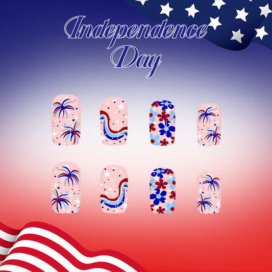 Independence Day Festive Medium Square Red and Blue Patterned Nail Set