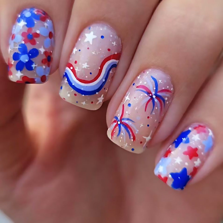 Patriotic Celebration Medium Square Glittery Red Blue and Clear Flower Design Press-On Nail Set