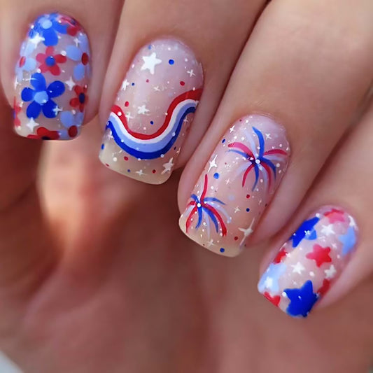 Patriotic Celebration Medium Square Glittery Red Blue and Clear Flower Design Press-On Nail Set