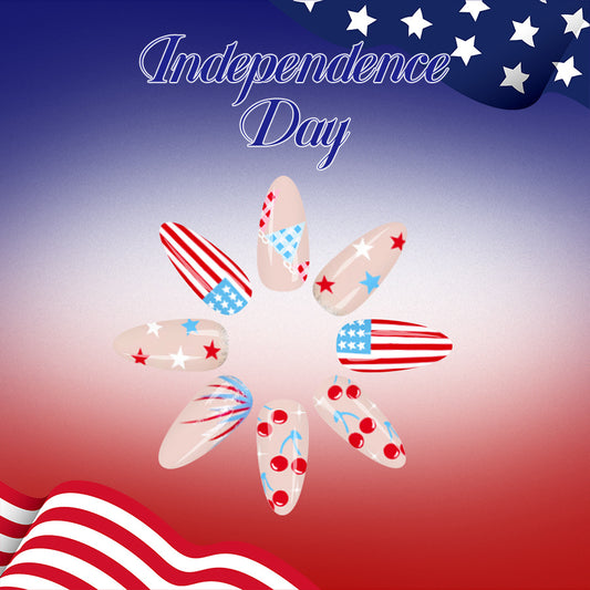 Festive Independence Day Long Almond Red and Blue Nail Set with Star and Stripe Designs