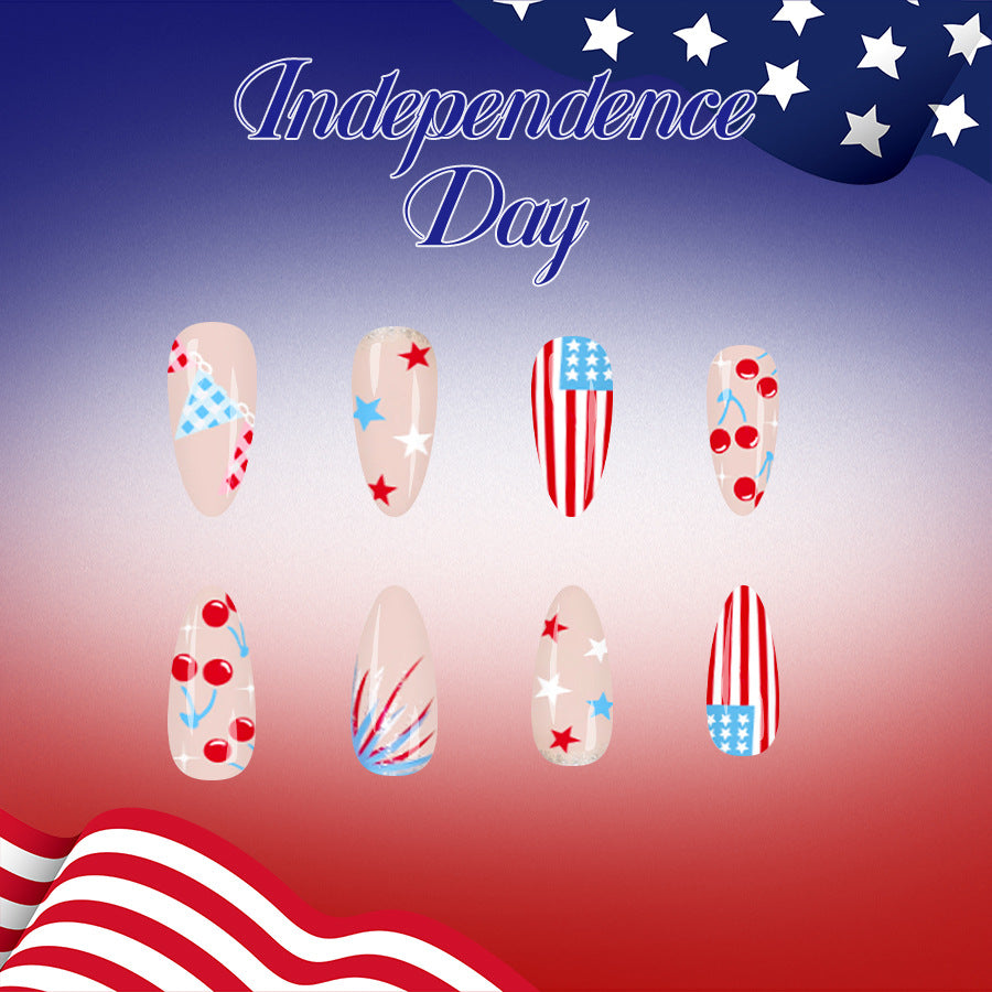 Stars and Stripes Celebration Long Almond Red and Blue Patterned Nail Set
