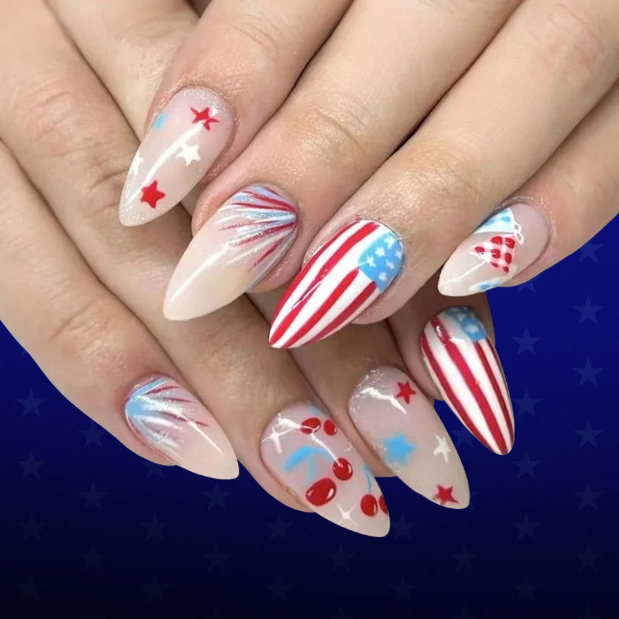 Patriotic Glamour Long Almond Red White and Blue Nail Set with Star and Stripe Design