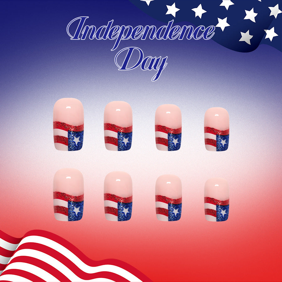 Independence Day Short Square Red and Blue Glitter Band Press-On Nail Set